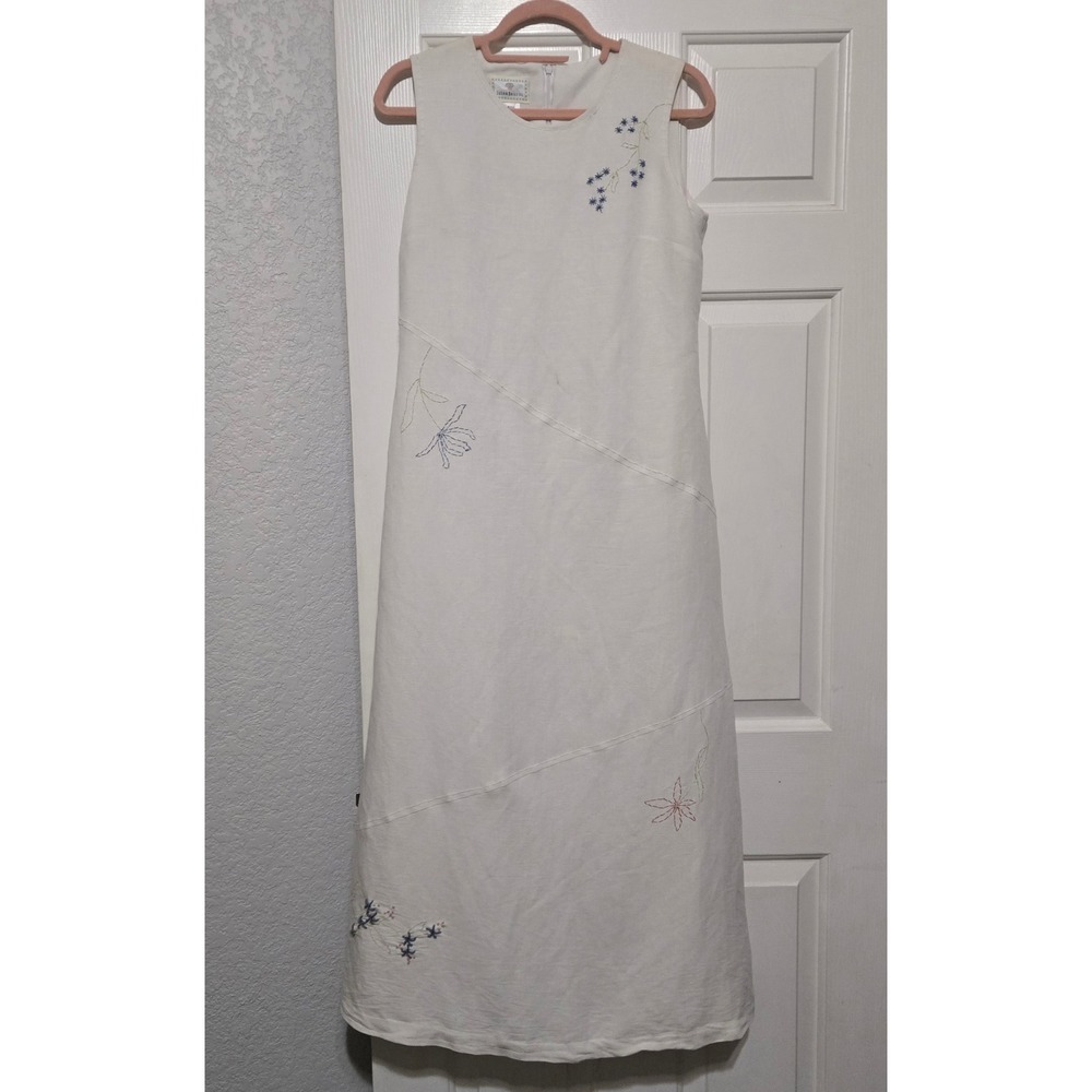 Susan‎ Bristol White Sleeveless Floral Embroidered Maxi Dress Size 4 Linen Blend